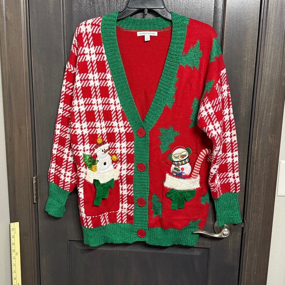 Celebrate Together‎ Christmas Holiday Party Snowman Candy Cane Cardigan Sz S
